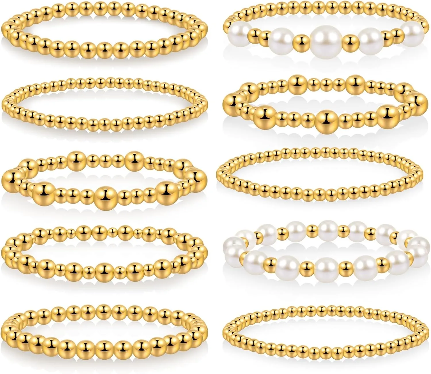10 Pcs Beaded Bracelets for Women Chunky Stacking Plated Bead Ball Stretchable Bracelets Set Natural Pearl Jewelry