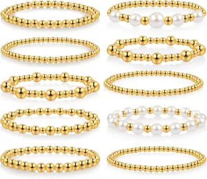 10 Pcs Beaded Bracelets for Women Chunky Stacking Plated Bead Ball Stretchable Bracelets Set Natural Pearl Jewelry