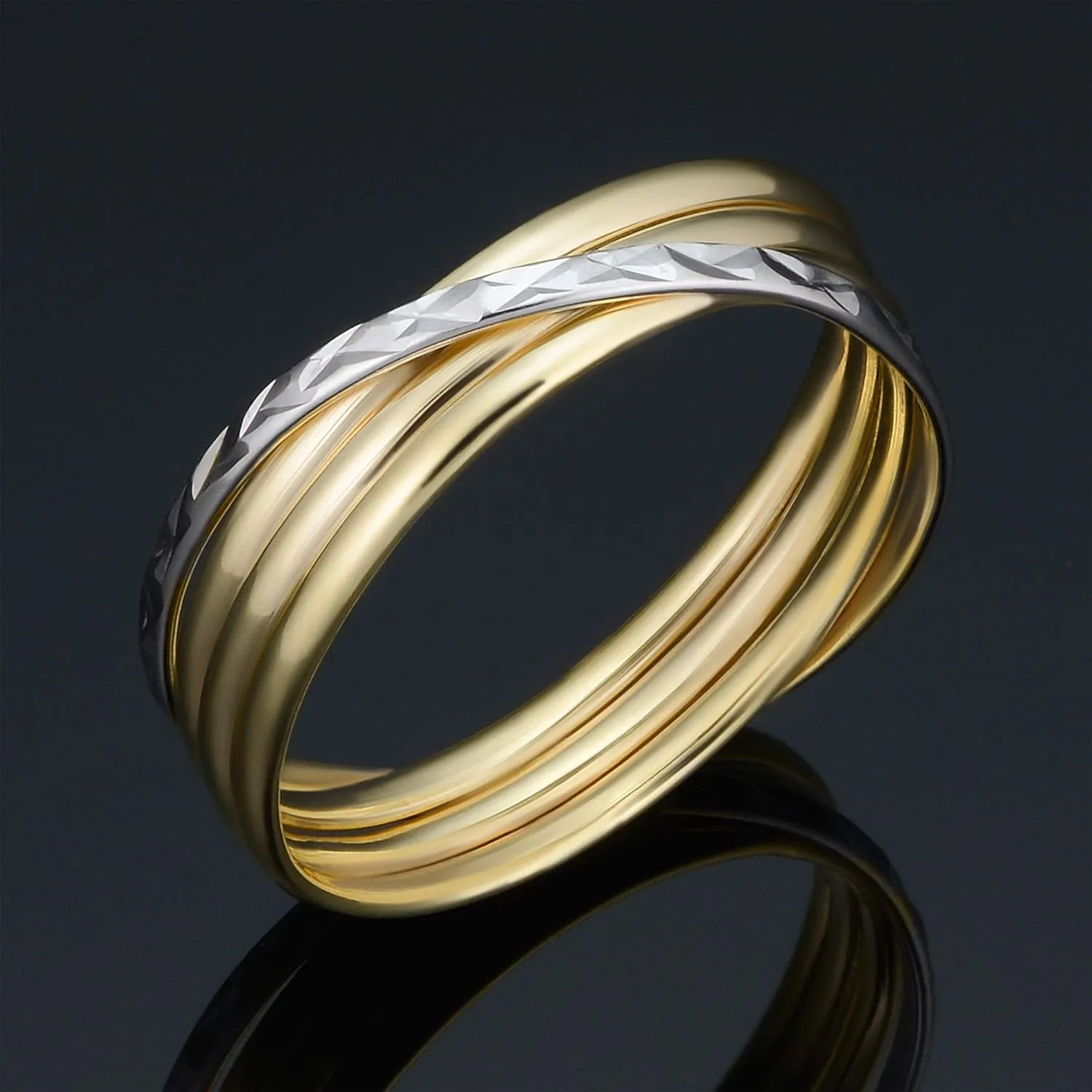 10k Two-tone Yellow and White Gold Polish Diamond-cut Crossing Stacked Band Ring (6 mm)
