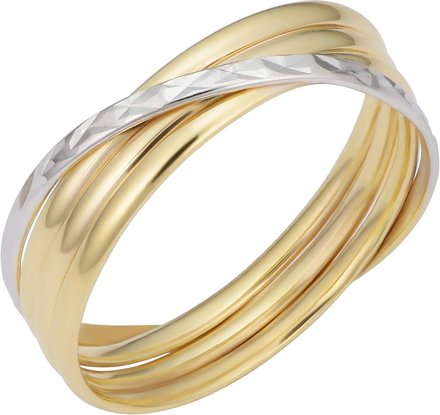 10k Two-tone Yellow and White Gold Polish Diamond-cut Crossing Stacked Band Ring (6 mm)