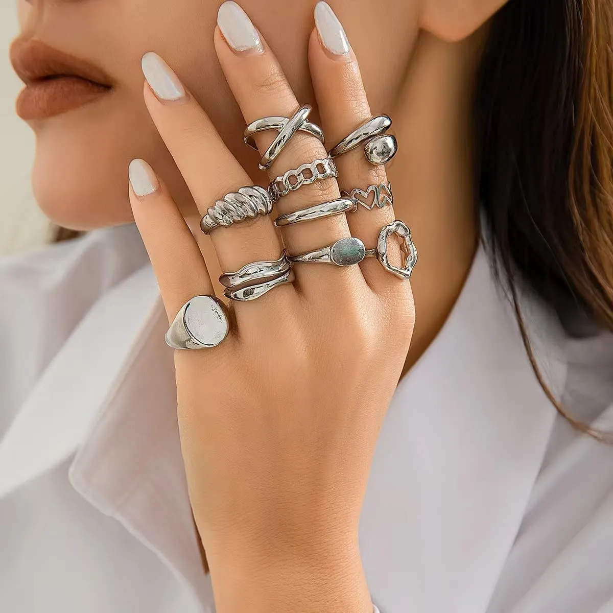 10PCS Gold Chunky Rings for Women Trendy Thick Dome Chunky Rings Adjustable Chunky Stacked Ring Statement Gold Ring Vintage Knuckle Jewelry for Women