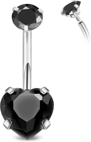 14G G23 Titanium Belly Button Rings for Women Hypoallergenic Heart Belly Rings Cubic Zirconia Navel Rings for Sensitive Skin Belly Piercing Jewelry Black 6MM