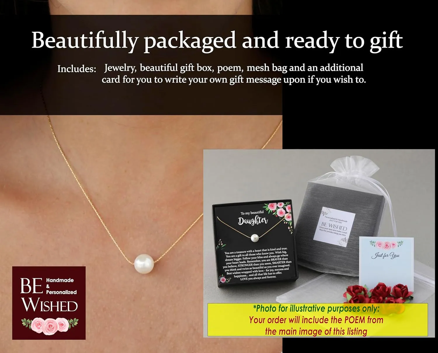 14K Gold Filled Daughter Necklace from Mom or Dad, Classic White Pearl Necklace with Meaningful Message, Ready To Gift