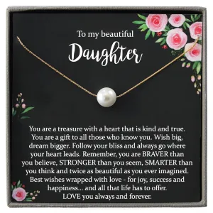 14K Gold Filled Daughter Necklace from Mom or Dad, Classic White Pearl Necklace with Meaningful Message, Ready To Gift