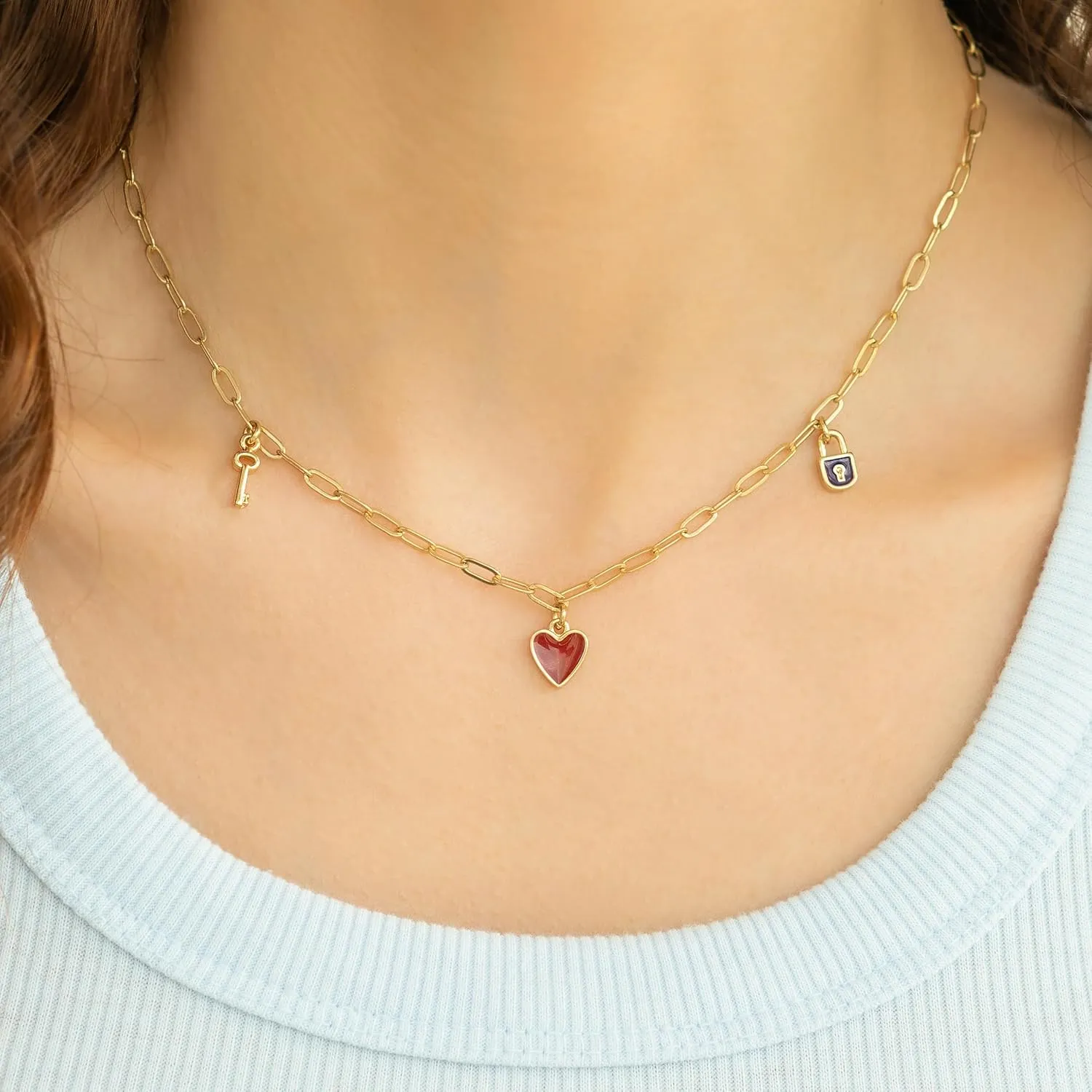 14K Gold Plated Dainty Charm Necklace for Women - Adjustable 16-18 Chain - Lock, Key, and Heart Charms - Sentimental Gifts for Teens and Women's Summer Jewelry