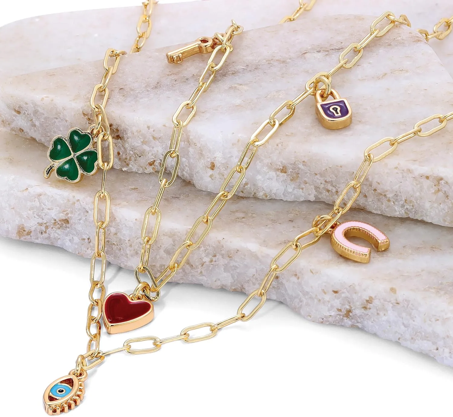 14K Gold Plated Dainty Charm Necklace for Women - Adjustable 16-18 Chain - Lock, Key, and Heart Charms - Sentimental Gifts for Teens and Women's Summer Jewelry