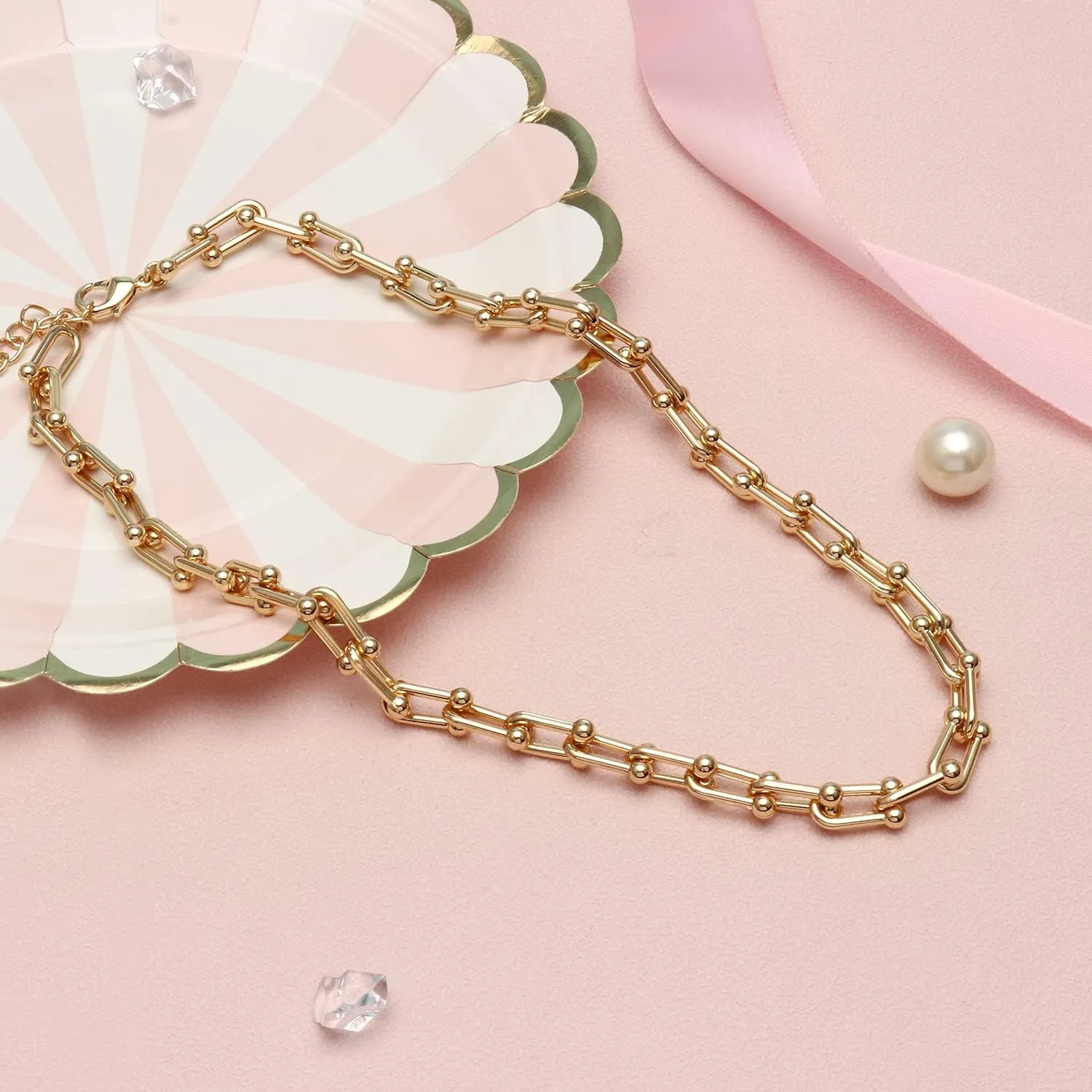14K Gold Plated U Shaped Bamboo Lock Chain Paperclip Chains Adjustable Necklace for Women Gold Plated Jewelry