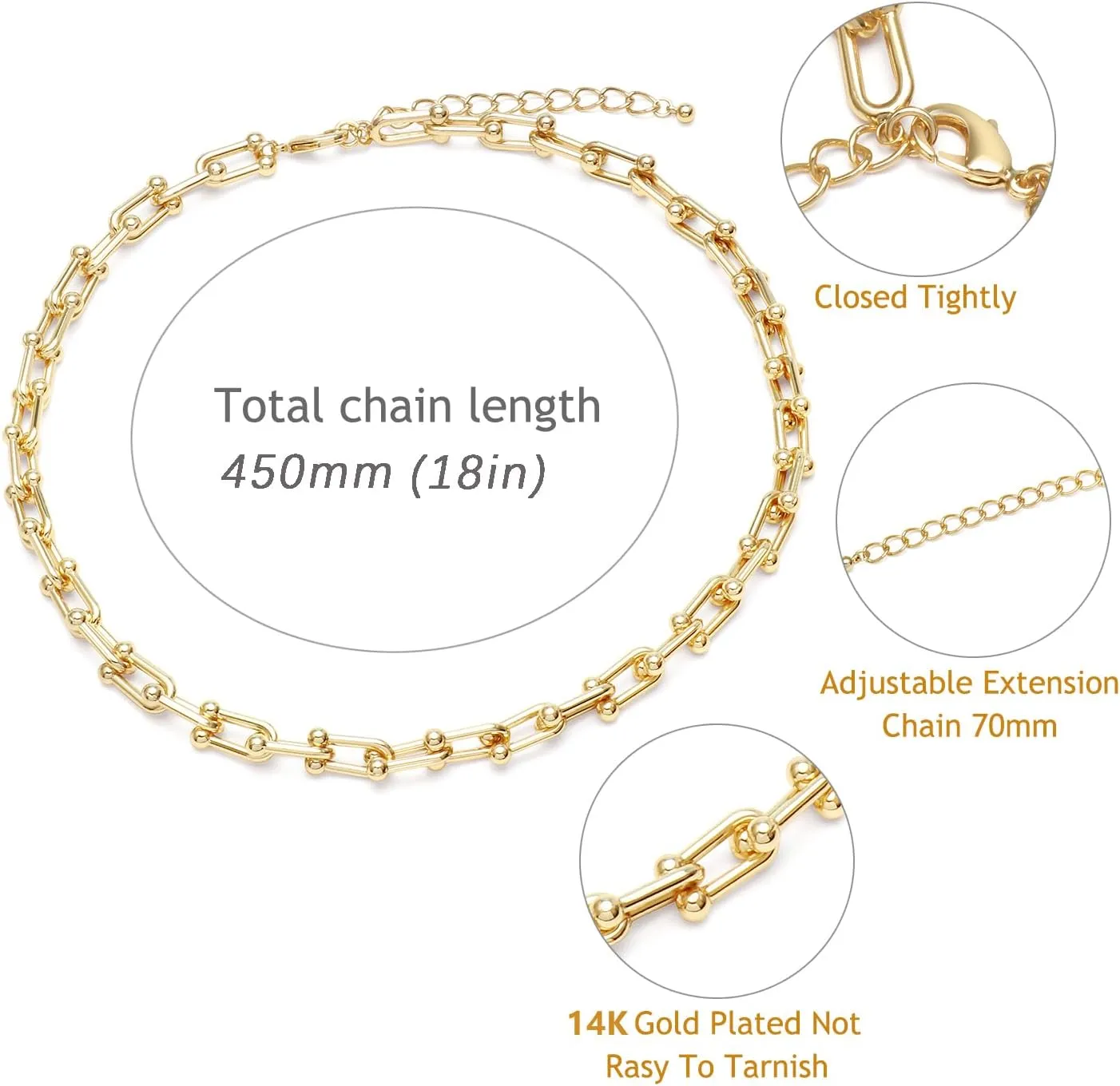 14K Gold Plated U Shaped Bamboo Lock Chain Paperclip Chains Adjustable Necklace for Women Gold Plated Jewelry