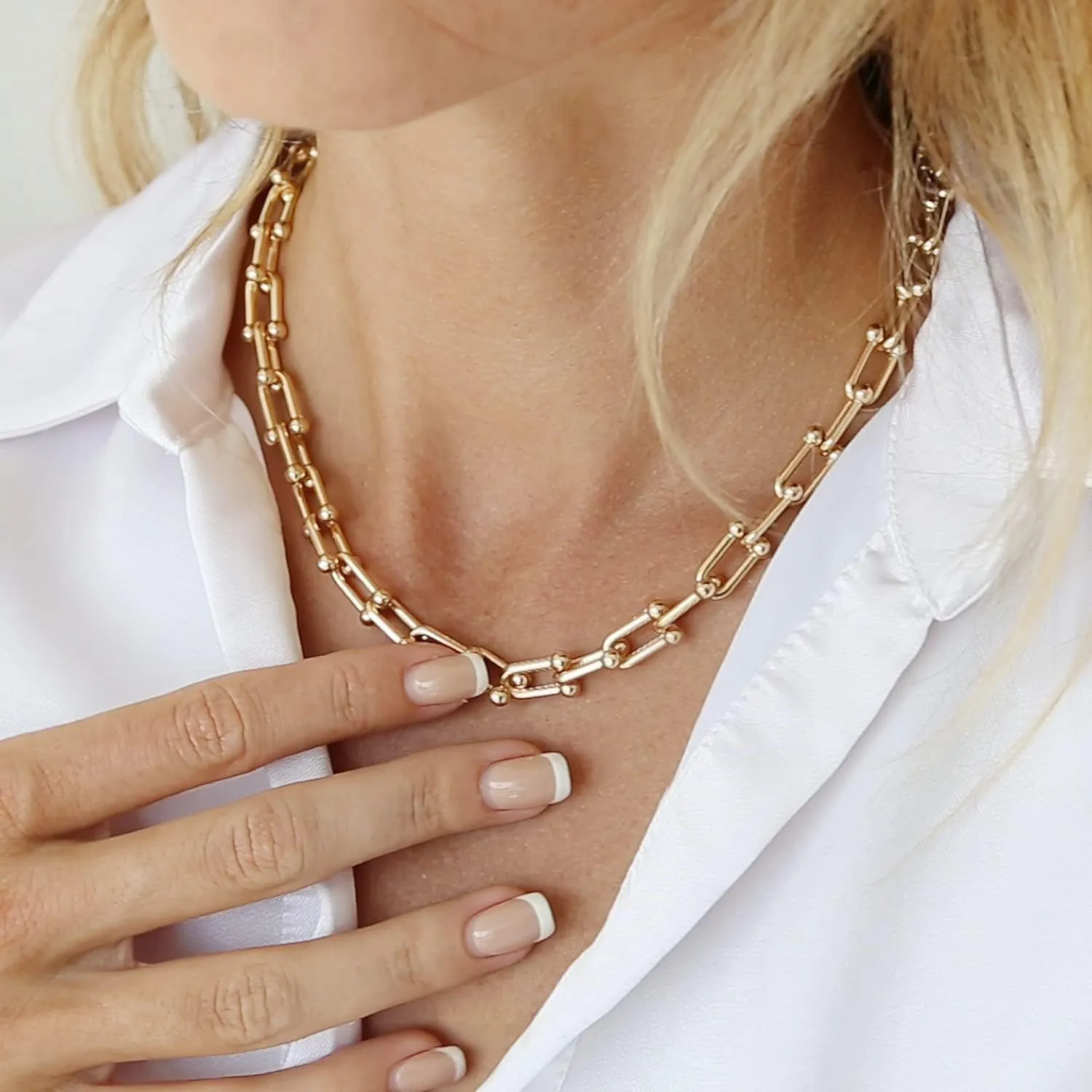14K Gold Plated U Shaped Bamboo Lock Chain Paperclip Chains Adjustable Necklace for Women Gold Plated Jewelry