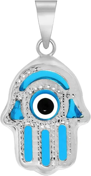 14k White Gold Blue Evil Eye Hamsa Hand Charm Pendant 21.5mm x 12mm