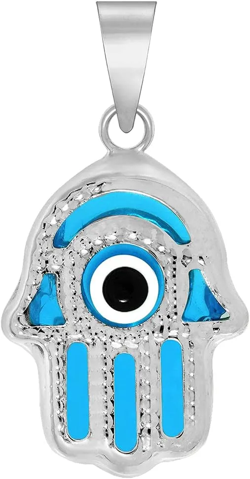 14k White Gold Blue Evil Eye Hamsa Hand Charm Pendant 21.5mm x 12mm