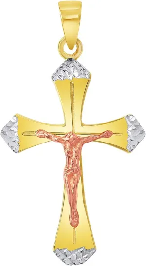 14k Yellow Gold and Rose Gold Textured Tri-Tone Religious Cross Jesus Crucifix Pendant