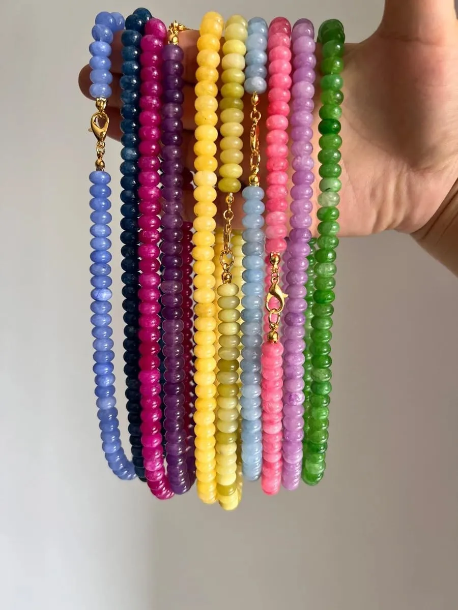 14K Yellow Gold Colorful Beaded Necklace For Women, Colored Semi-Precious Stones Necklace 5 * 8mm Natural Stone Beaded Necklaces, Rainbow Beads Necklace