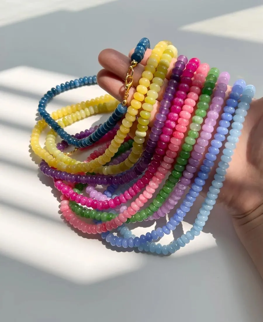 14K Yellow Gold Colorful Beaded Necklace For Women, Colored Semi-Precious Stones Necklace 5 * 8mm Natural Stone Beaded Necklaces, Rainbow Beads Necklace