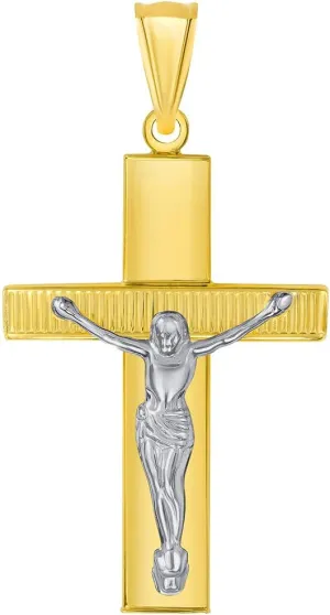 14k Yellow Gold High Polished Textured Religious Cross Two-Tone Jesus Crucifix Pendant