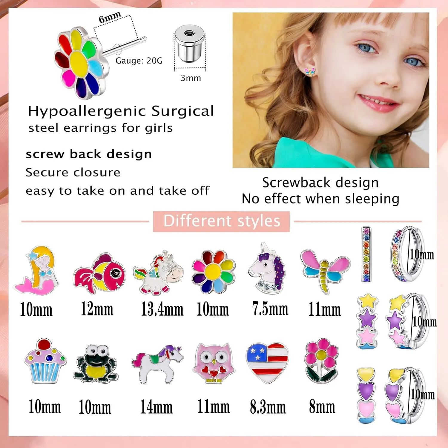 15 Pairs Stud Earrings Set :12 Pairs Unique Cartoon Flat Back Earrings & 3 Pairs Mini Hoops with Stainless Steel Posts and Screwback Earring