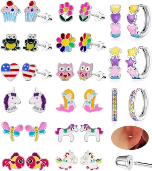 15 Pairs Stud Earrings Set :12 Pairs Unique Cartoon Flat Back Earrings & 3 Pairs Mini Hoops with Stainless Steel Posts and Screwback Earring