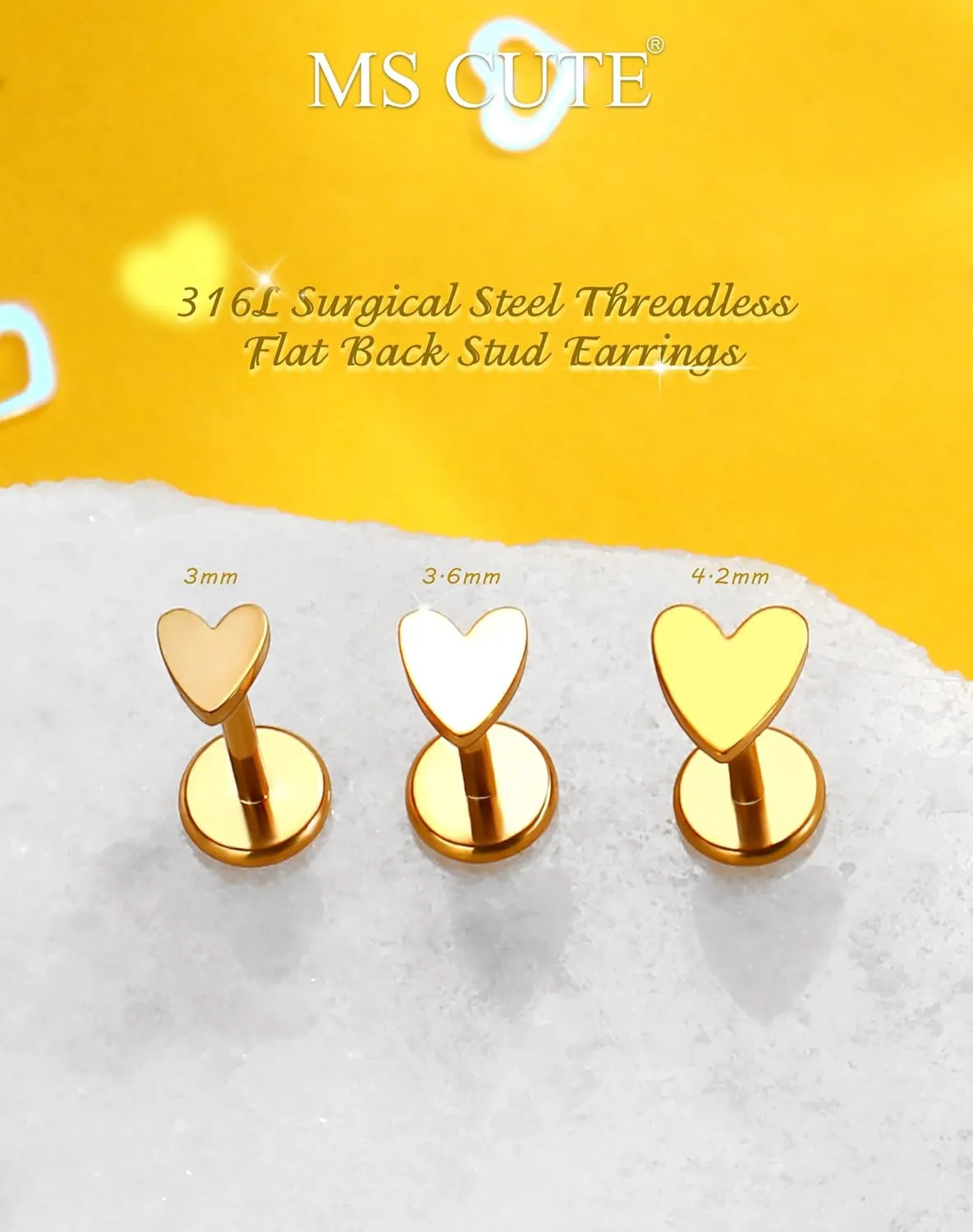16G/18G/20G Gold Flat Back Nose Studs for Women, 3Pcs Heart 316L Stainless Steel Threadless Flat Back Stud Earrings, Nose Piercings Tragus Earrings Gold Cartilage Lip Medusa Conch Piercings
