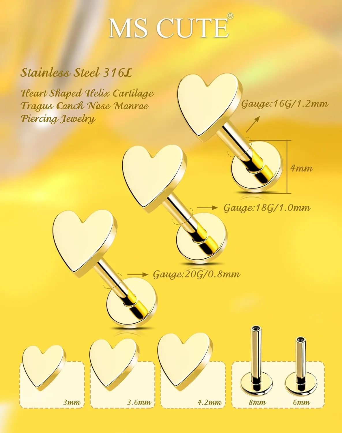 16G/18G/20G Gold Flat Back Nose Studs for Women, 3Pcs Heart 316L Stainless Steel Threadless Flat Back Stud Earrings, Nose Piercings Tragus Earrings Gold Cartilage Lip Medusa Conch Piercings