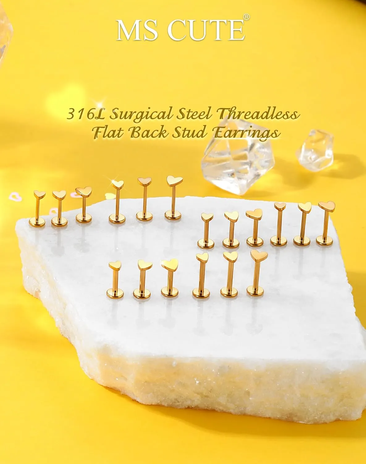 16G/18G/20G Gold Flat Back Nose Studs for Women, 3Pcs Heart 316L Stainless Steel Threadless Flat Back Stud Earrings, Nose Piercings Tragus Earrings Gold Cartilage Lip Medusa Conch Piercings