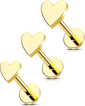 16G/18G/20G Gold Flat Back Nose Studs for Women, 3Pcs Heart 316L Stainless Steel Threadless Flat Back Stud Earrings, Nose Piercings Tragus Earrings Gold Cartilage Lip Medusa Conch Piercings