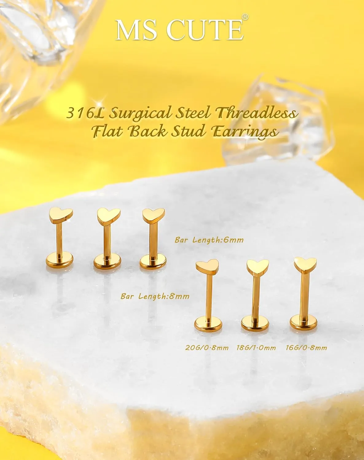 16G/18G/20G Gold Flat Back Nose Studs for Women, 3Pcs Heart 316L Stainless Steel Threadless Flat Back Stud Earrings, Nose Piercings Tragus Earrings Gold Cartilage Lip Medusa Conch Piercings