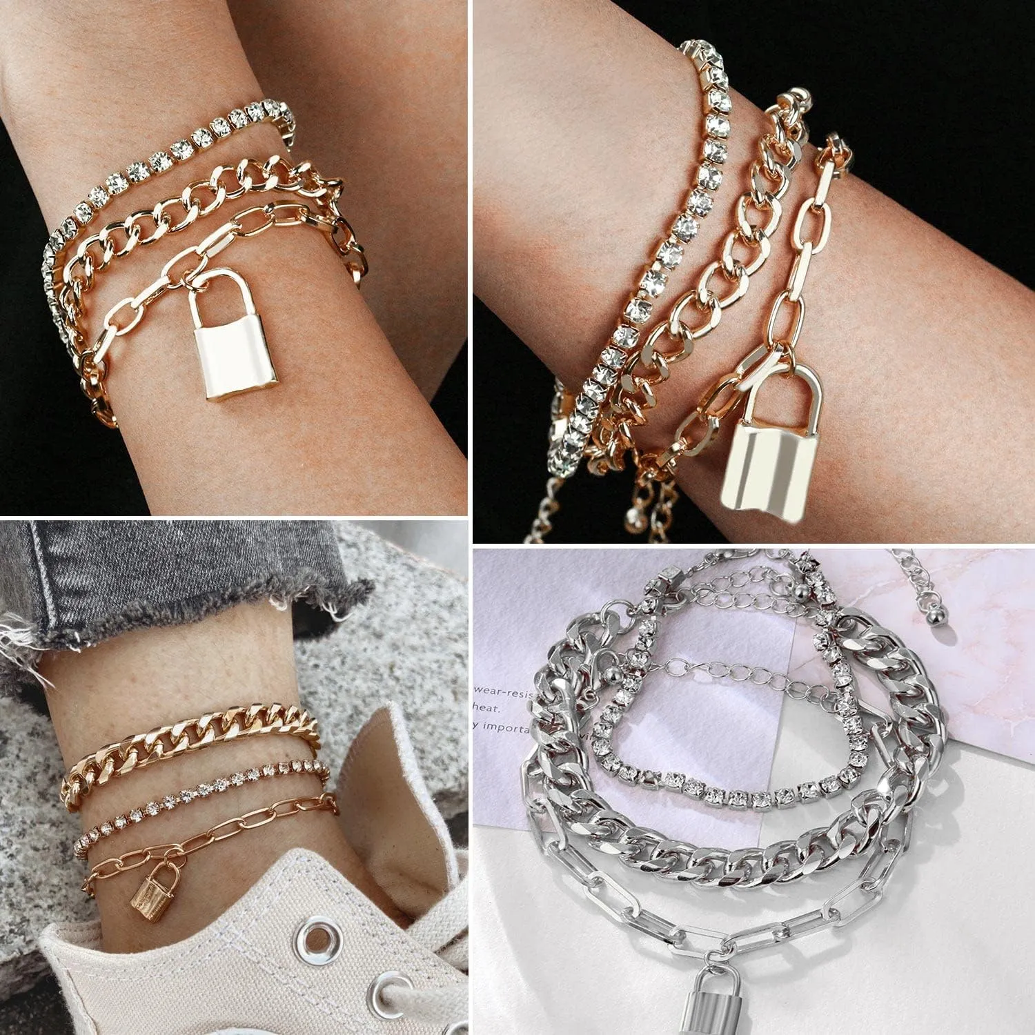 17IF 18-25 PCS(6 Pack) Boho Gold Bracelets Set for Women Stackable Chunky Dainty Bangles Adjustable Chain Flat Cuff Cuban Punk Charm Bundle Jewelry
