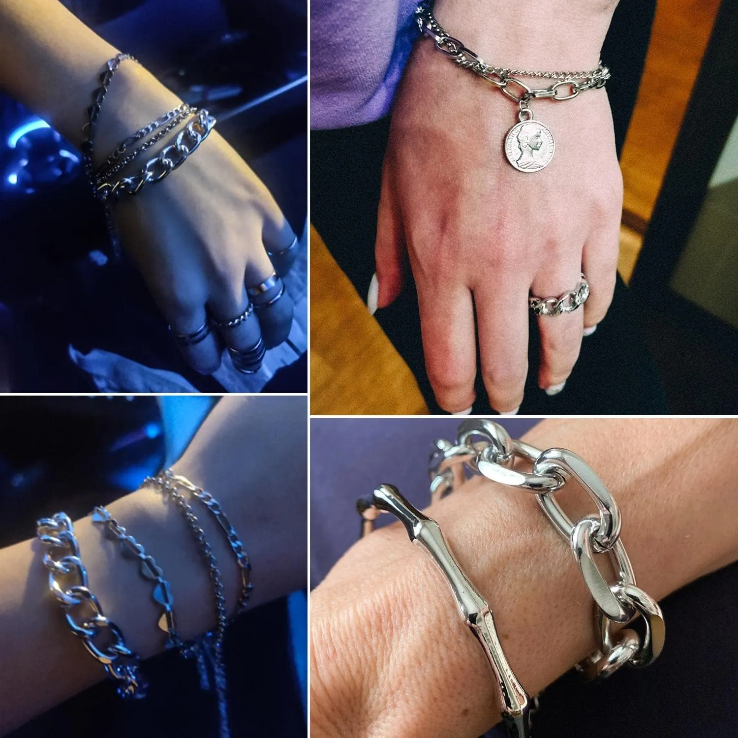 17IF 18-25 PCS(6 Pack) Boho Gold Bracelets Set for Women Stackable Chunky Dainty Bangles Adjustable Chain Flat Cuff Cuban Punk Charm Bundle Jewelry