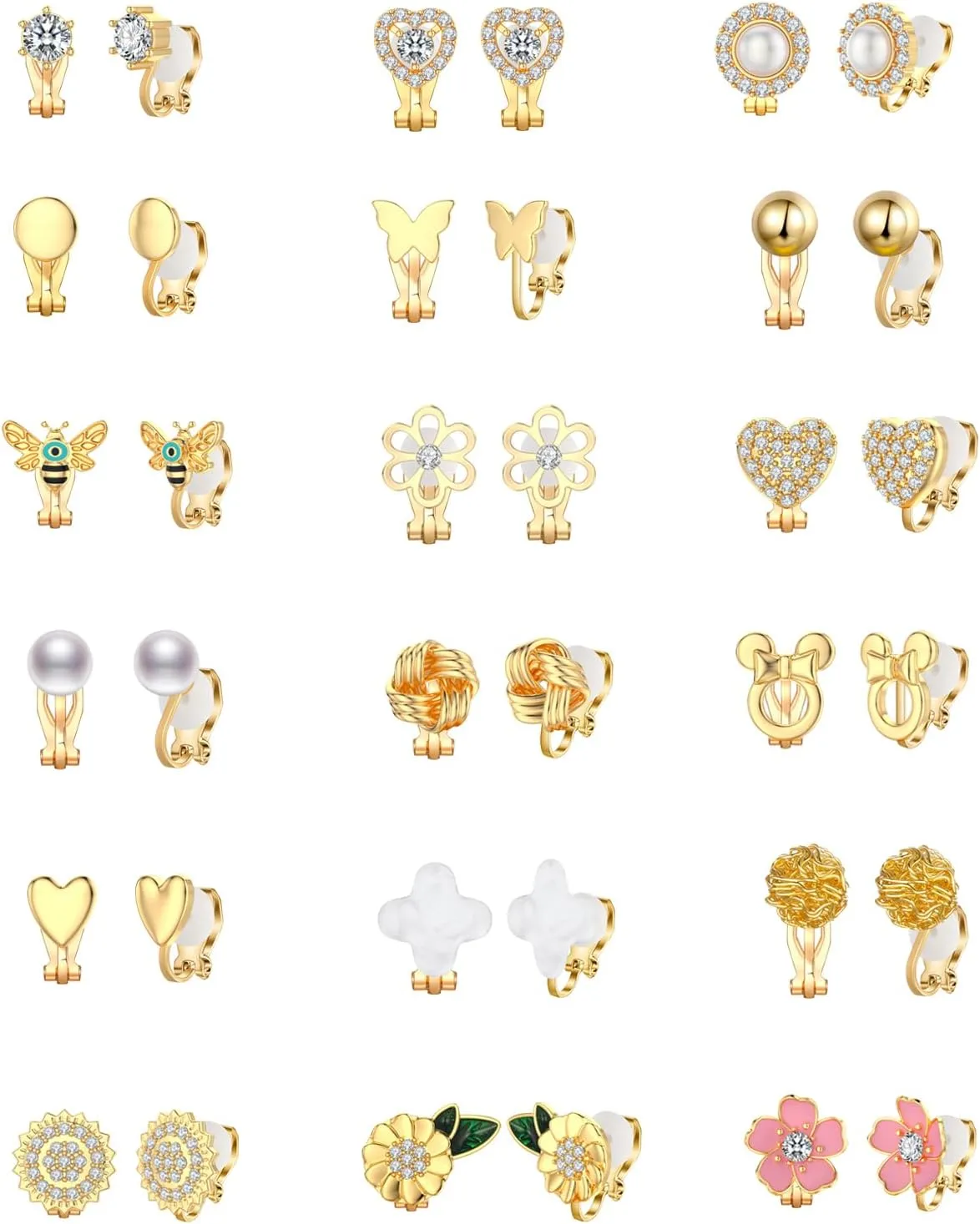 18 Pairs Gold/Silver Clip on Earrings for Women Teens Girls Hypoallergenic Non Pierced Earrings Cute Clip on Earrings Set Faux Pearl Heart Flower Love Knot CZ Clip on Stud Earrings Jewelry Gifts