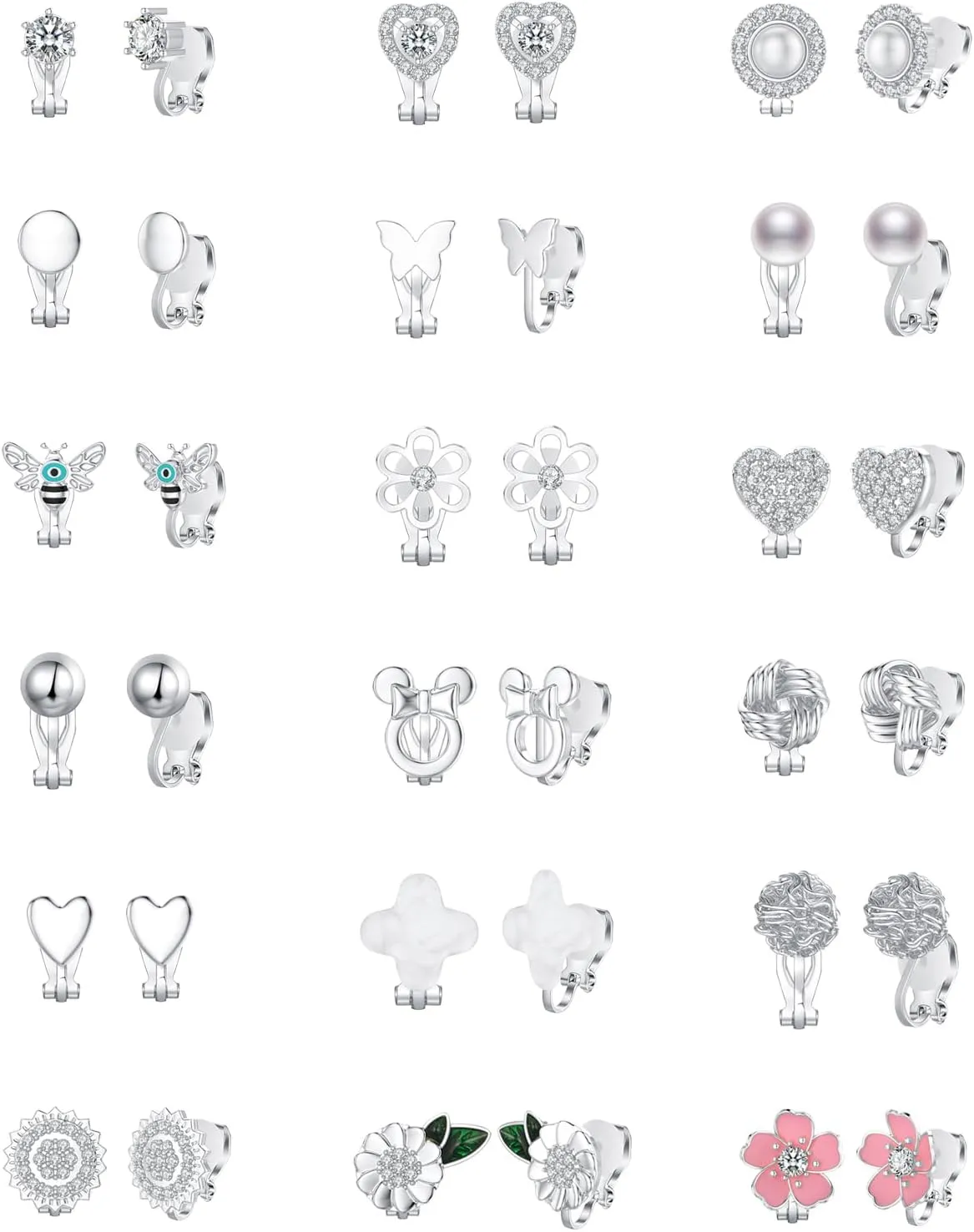 18 Pairs Gold/Silver Clip on Earrings for Women Teens Girls Hypoallergenic Non Pierced Earrings Cute Clip on Earrings Set Faux Pearl Heart Flower Love Knot CZ Clip on Stud Earrings Jewelry Gifts