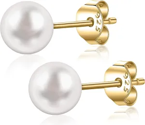 18k Gold Plated 925 Sterling Silver Freshwater Pearls Earrings Studs AAA  Handpicked Cultured Pearl earrings| Hypoallergenic Earrings Gold Ball Stud Earrings for Women