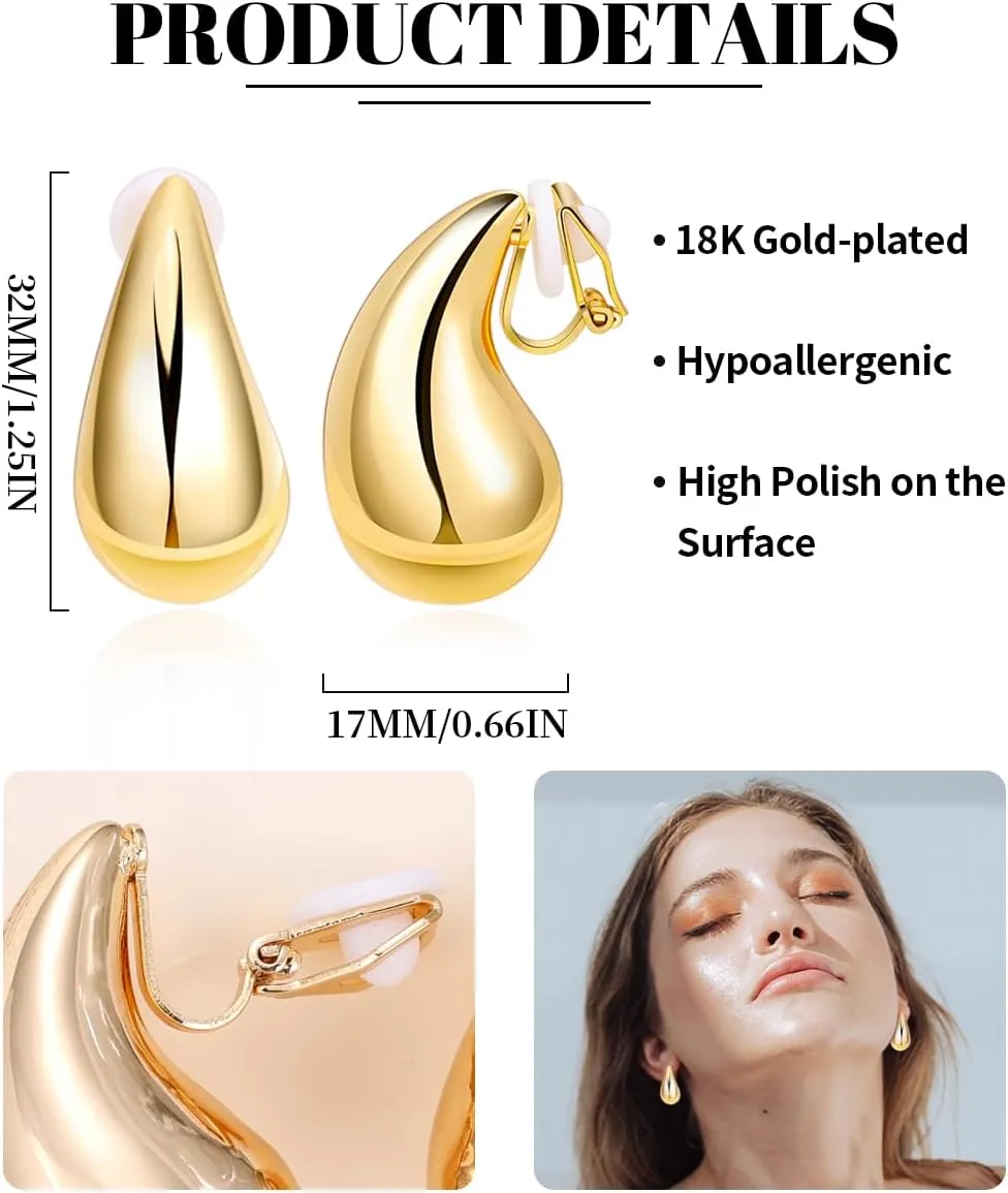 18K Gold-plated Clip On Chunky Earrings for Women Lightweight Gold Hoop Earrings Waterdrop Hollow Hypoallergenic Non Pierced Earring