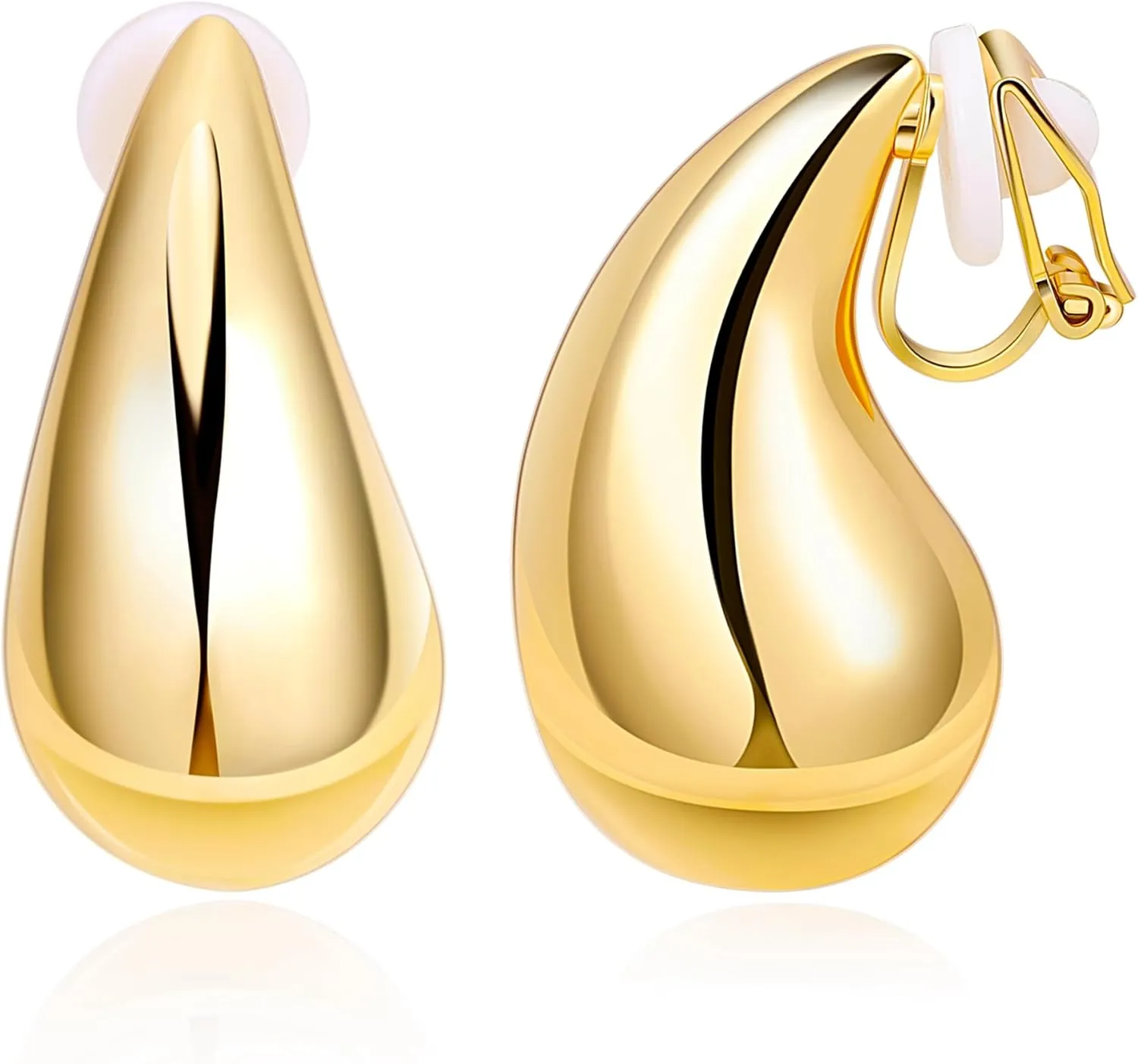 18K Gold-plated Clip On Chunky Earrings for Women Lightweight Gold Hoop Earrings Waterdrop Hollow Hypoallergenic Non Pierced Earring