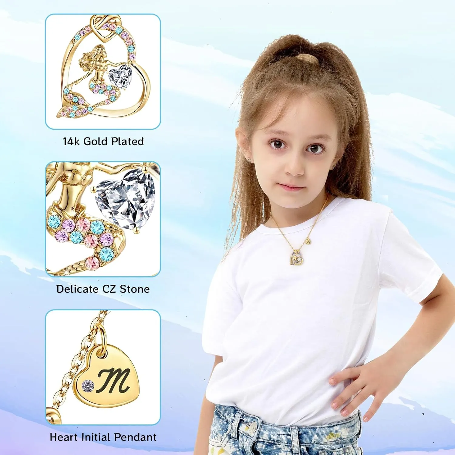 18K Gold Plated Mermaid Necklace - AAA  Cubic Zirconia Little Mermaid Jewelry for Girls Trendy Kids Mermaid Herat Pendant With Name Birthday Gifts for Girls