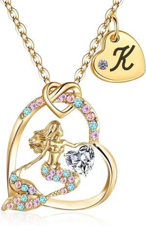 18K Gold Plated Mermaid Necklace - AAA  Cubic Zirconia Little Mermaid Jewelry for Girls Trendy Kids Mermaid Herat Pendant With Name Birthday Gifts for Girls