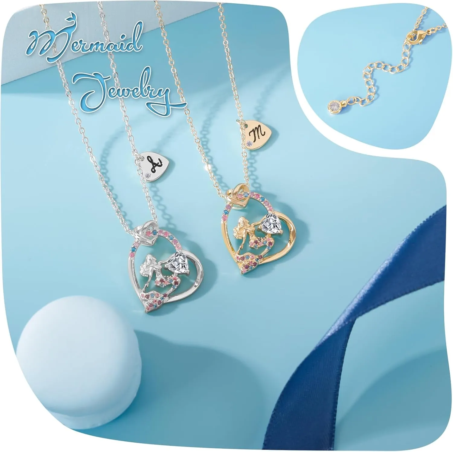 18K Gold Plated Mermaid Necklace - AAA  Cubic Zirconia Little Mermaid Jewelry for Girls Trendy Kids Mermaid Herat Pendant With Name Birthday Gifts for Girls