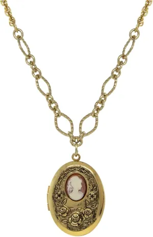 1928 Jewelry Carnelian Cameo With Flowers Oval Picture Locket Necklace For Women 16"   3" Extender, Ladies Vintage Style Photo Keepsake, Made In USA