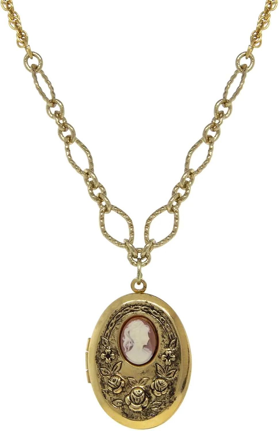 1928 Jewelry Carnelian Cameo With Flowers Oval Picture Locket Necklace For Women 16"   3" Extender, Ladies Vintage Style Photo Keepsake, Made In USA