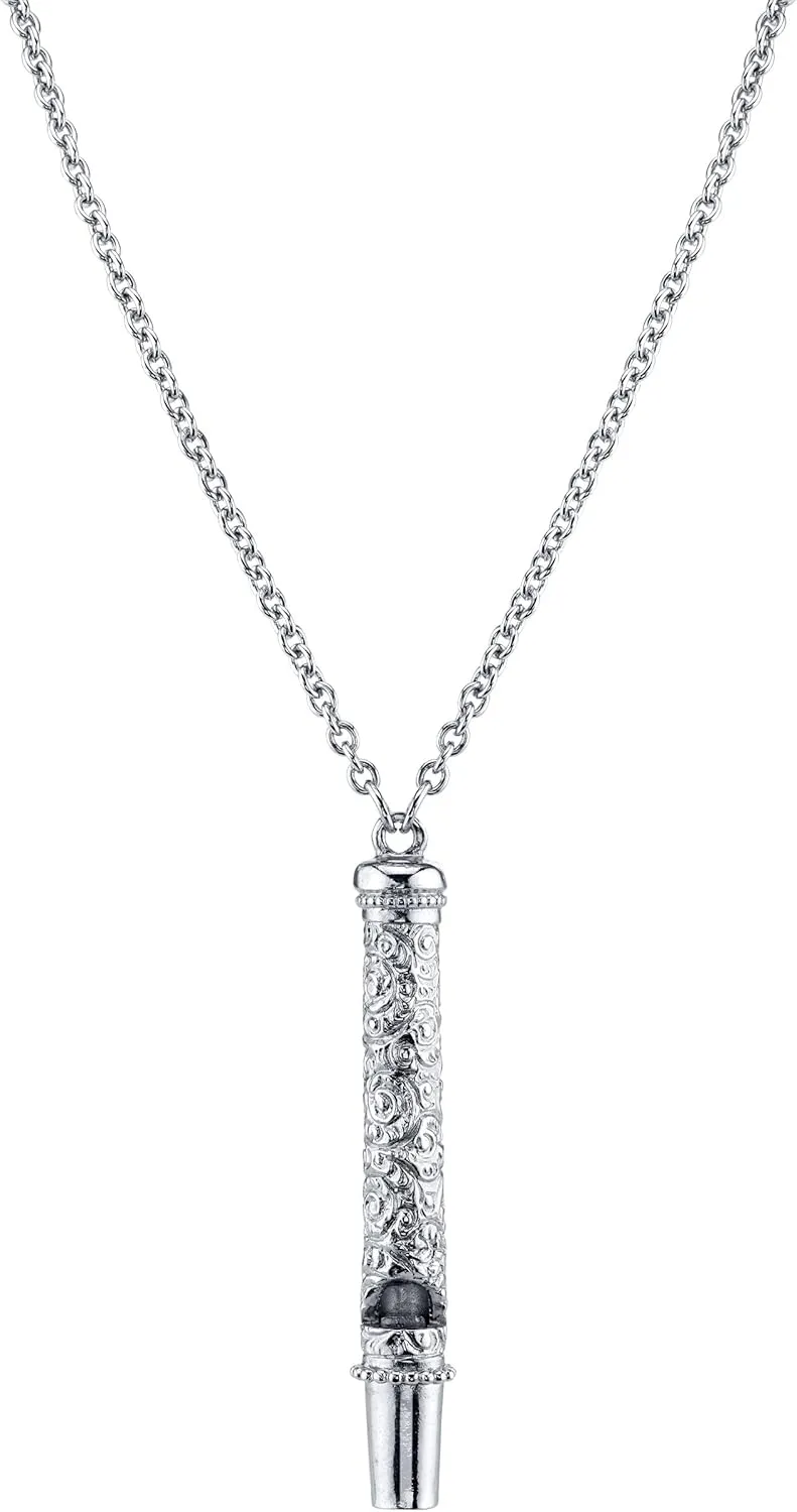1928 Jewelry Etched Filigree Antique Style Functional Whistle Pendant Necklace For Women 30 Inches