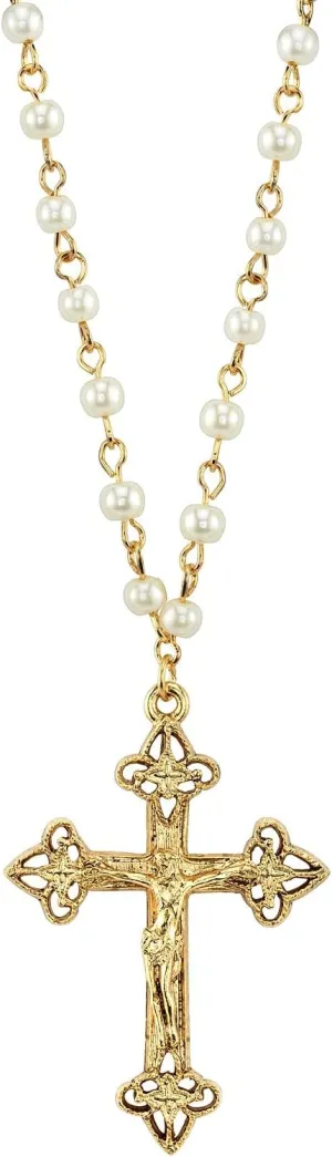 1928 Jewelry Women's Gold Tone 4mm Faux Pearl Chain Crucifix Cross Pendant Necklace 16"   3" Extender