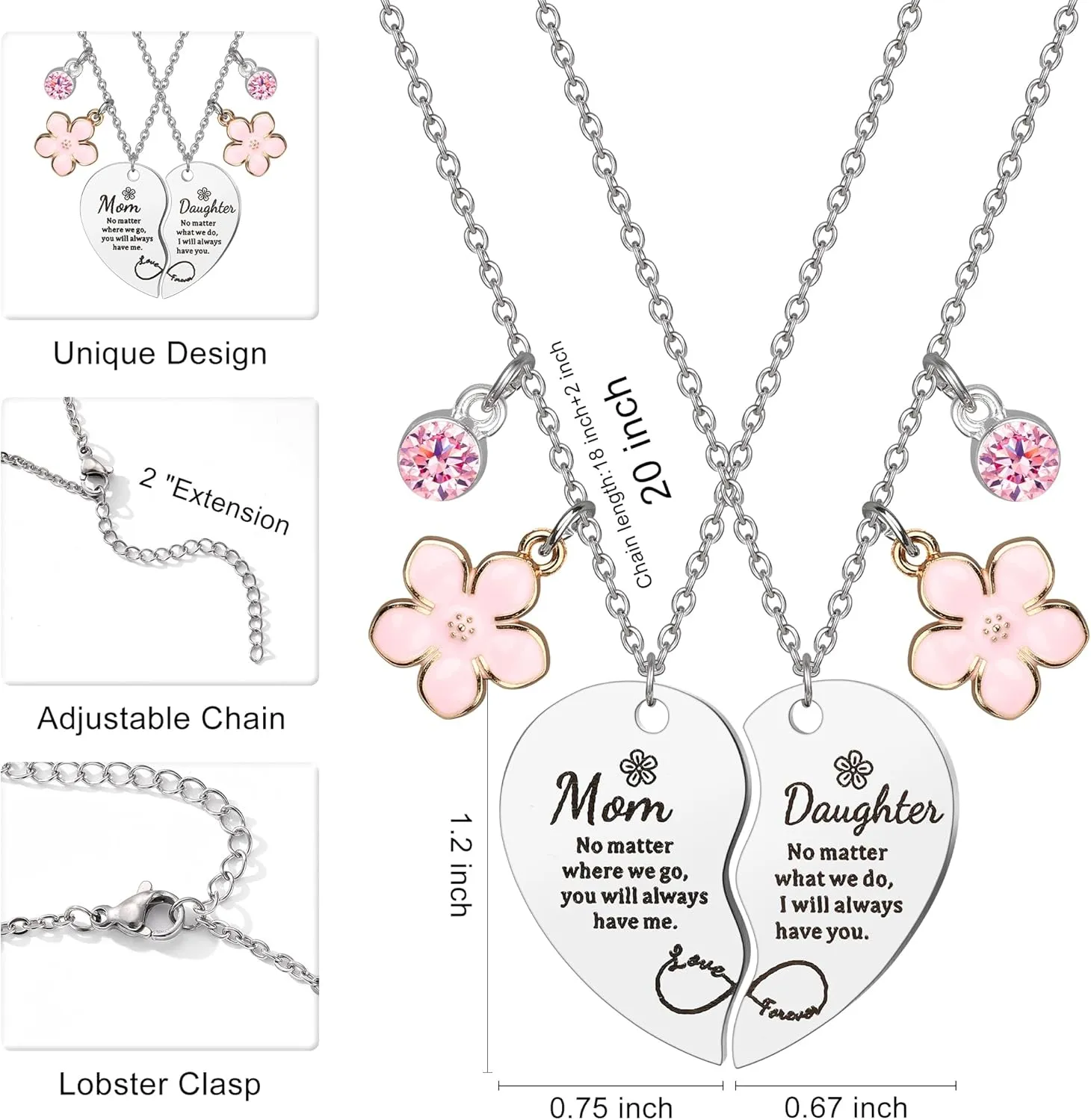 2 Pcs Mother Daughter Heart Matching Necklace Set Gifts for Mom Mothers Day Birthday Chrismas Gifts from Daughter.