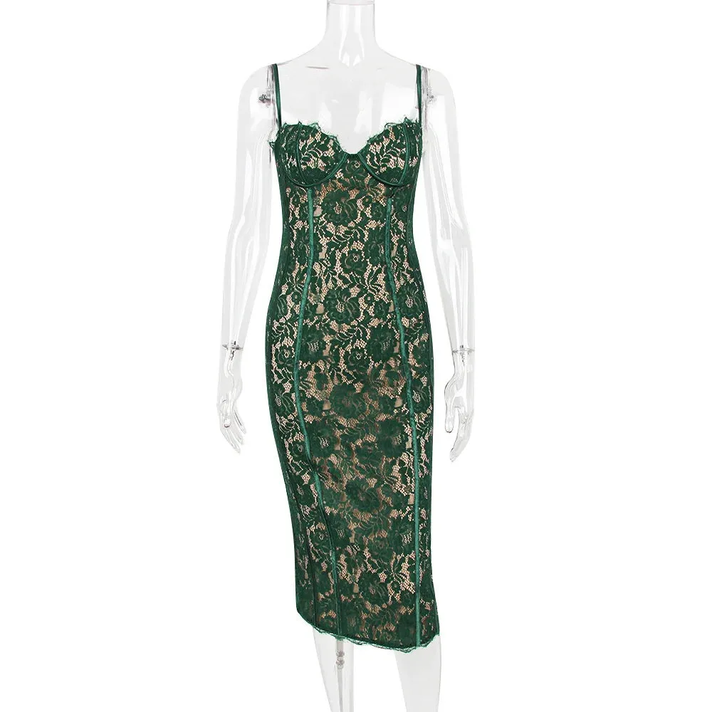 2024 Spaghetti Strap Lace Sexy Green Floral Dress