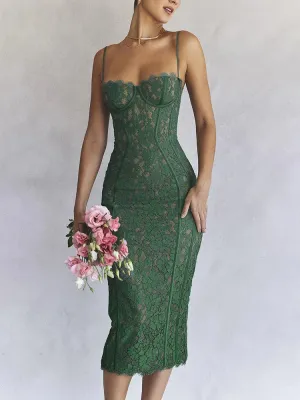 2024 Spaghetti Strap Lace Sexy Green Floral Dress
