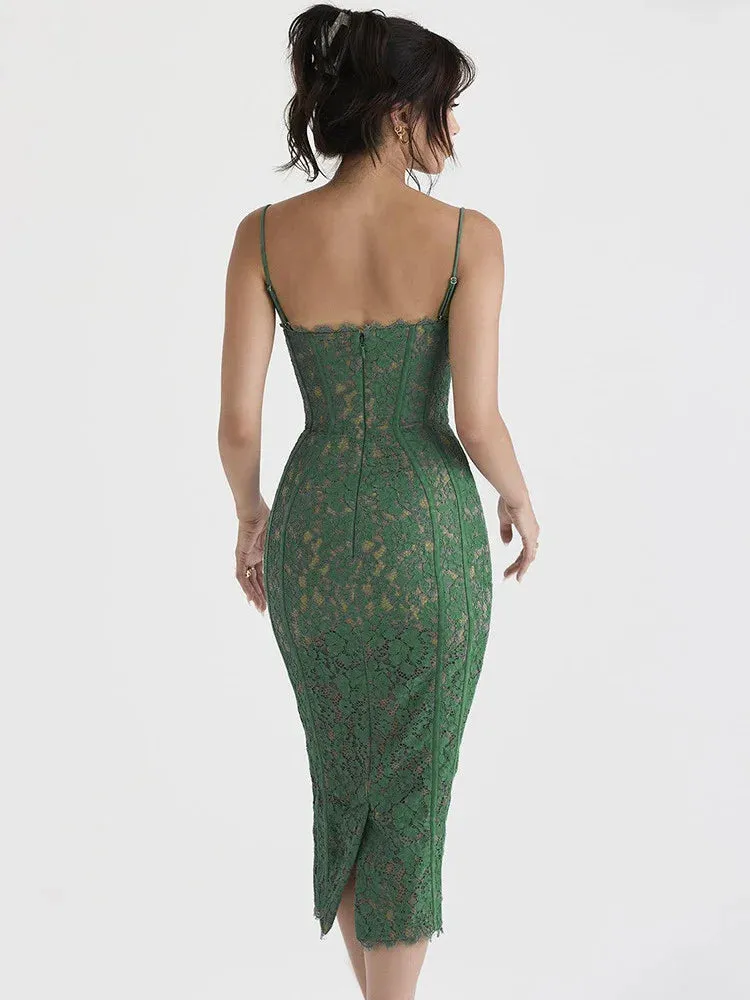2024 Spaghetti Strap Lace Sexy Green Floral Dress