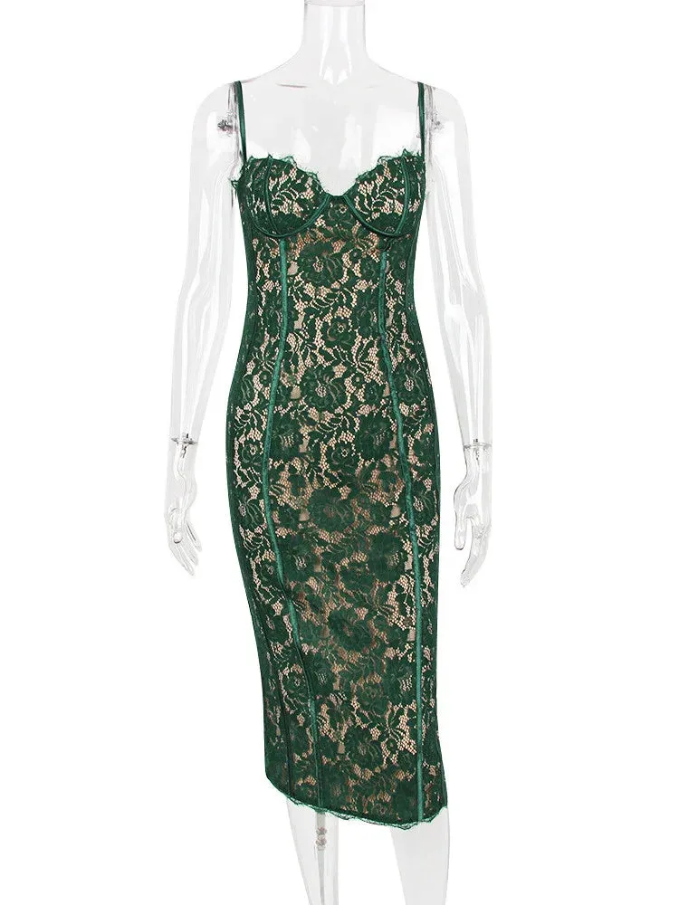 2024 Spaghetti Strap Lace Sexy Green Floral Dress