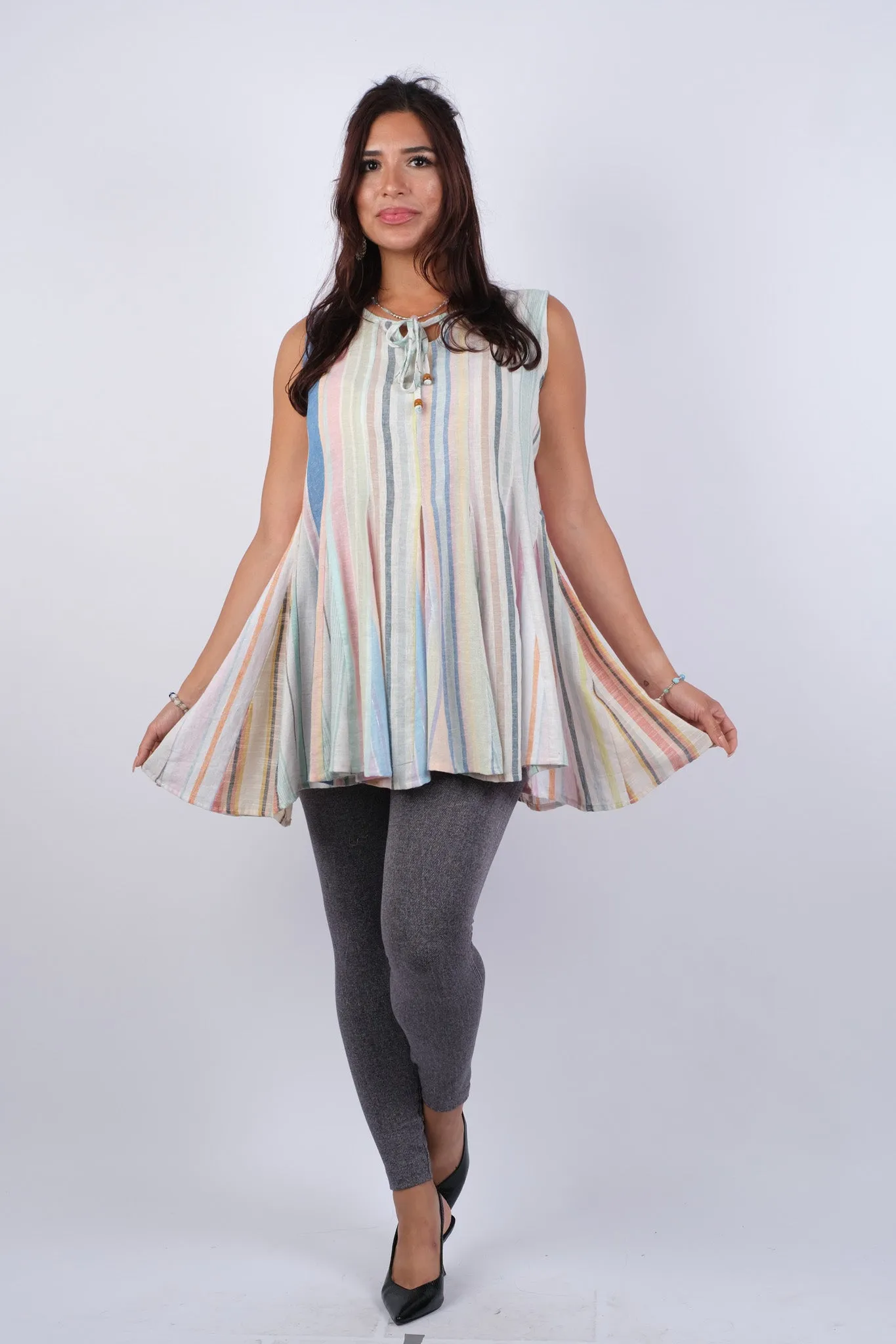 225158 Ethereal Stripes Colored Flared Sleeveless Summer Top