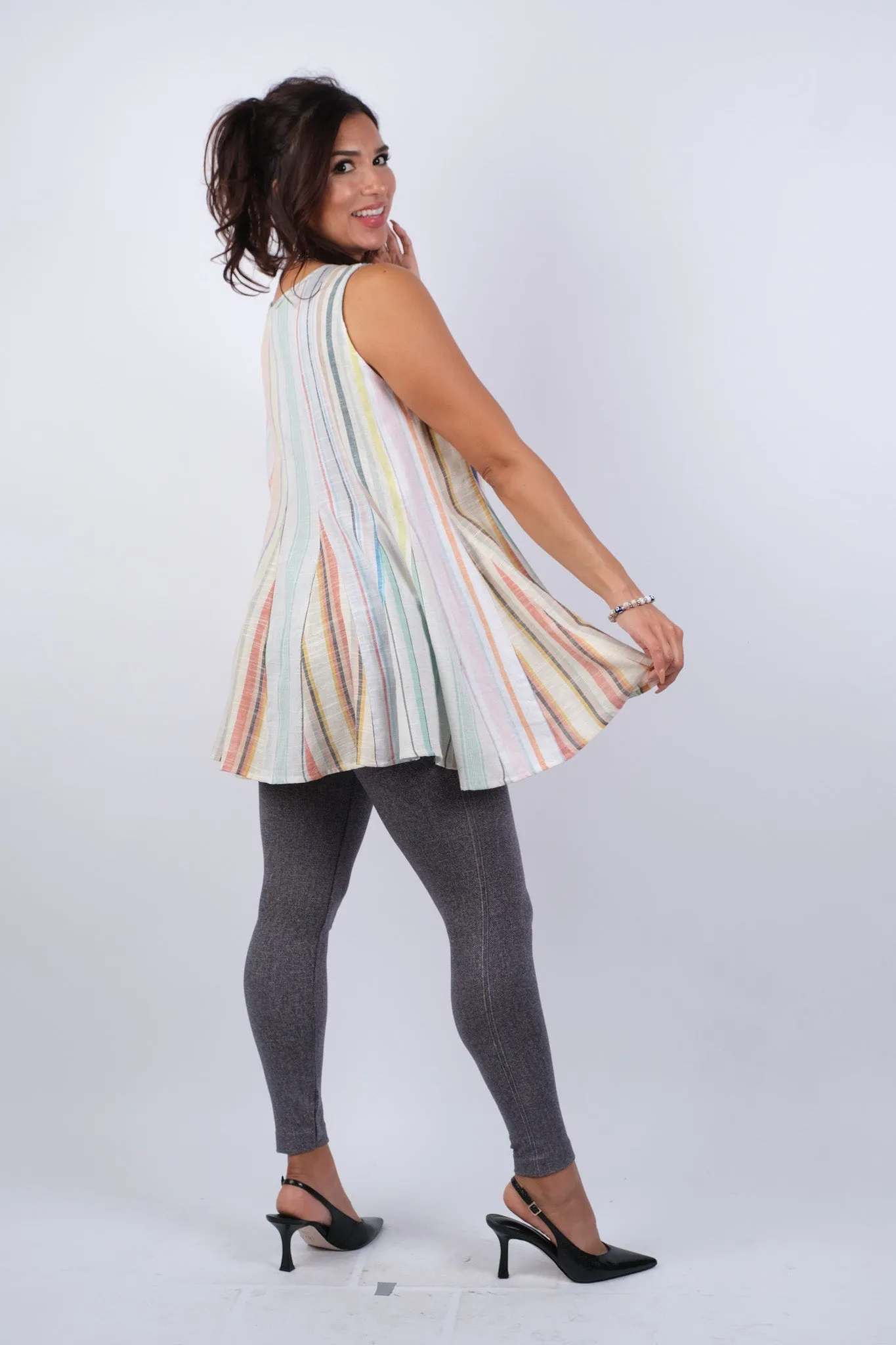 225158 Ethereal Stripes Colored Flared Sleeveless Summer Top