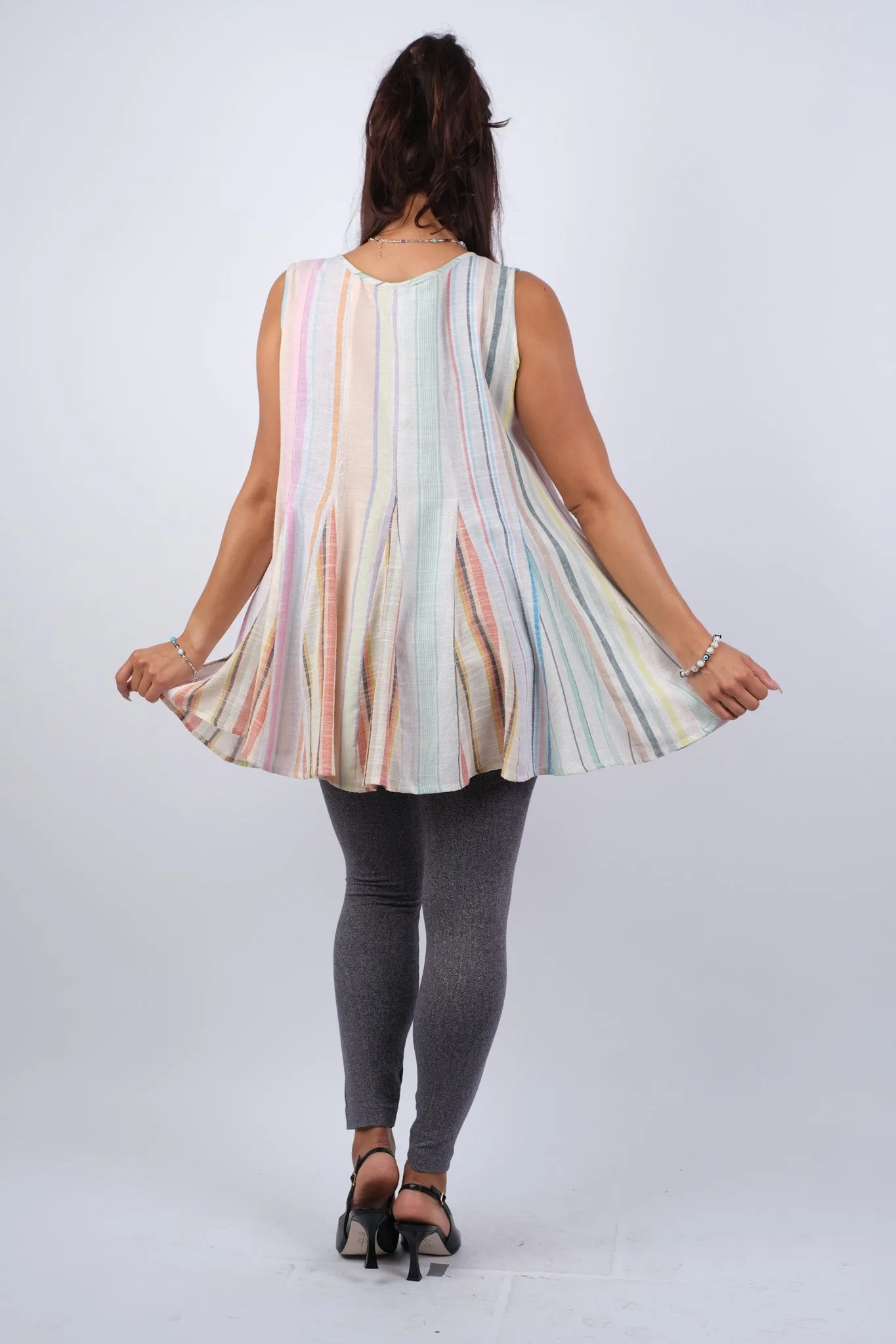 225158 Ethereal Stripes Colored Flared Sleeveless Summer Top