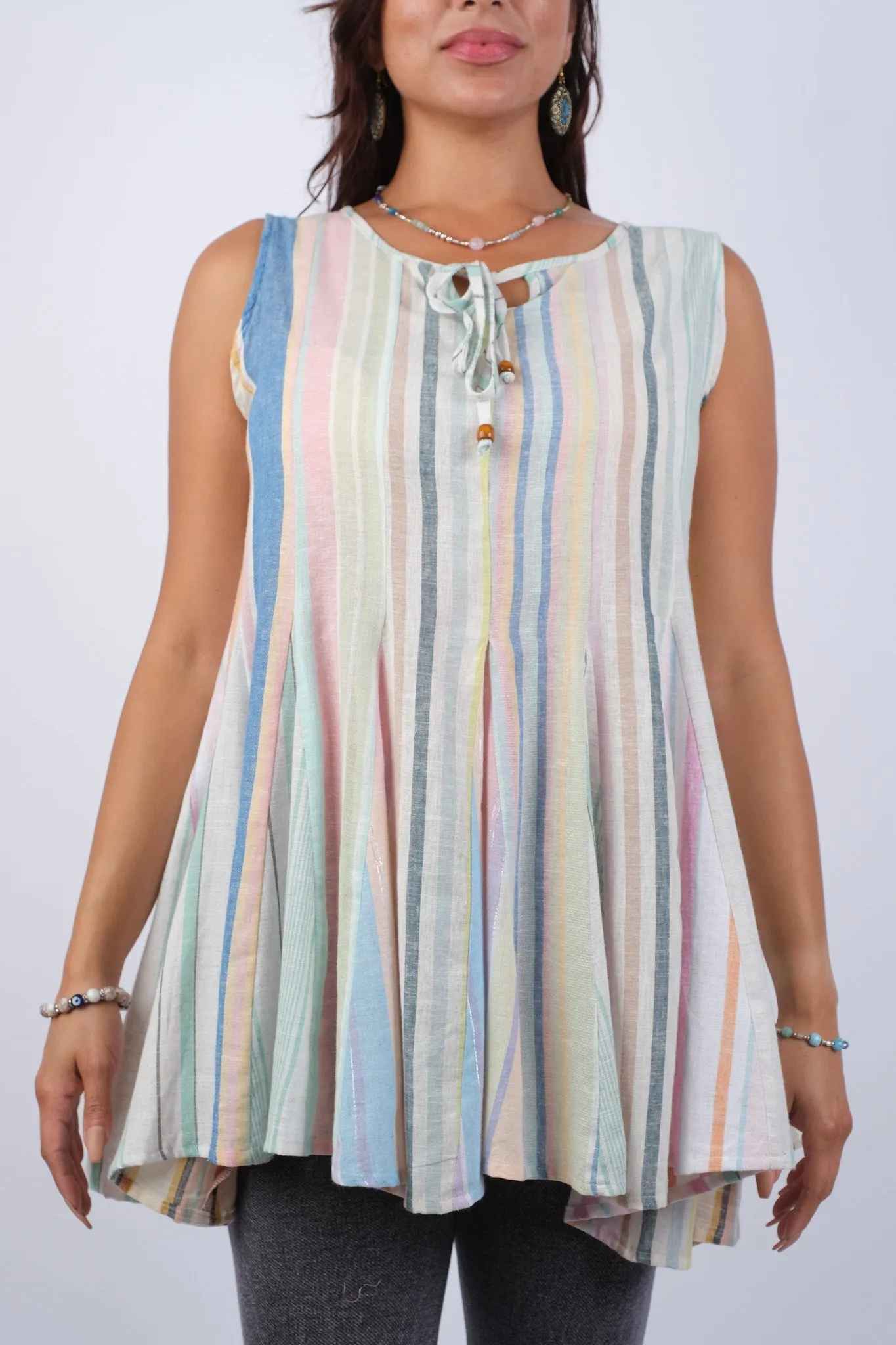 225158 Ethereal Stripes Colored Flared Sleeveless Summer Top