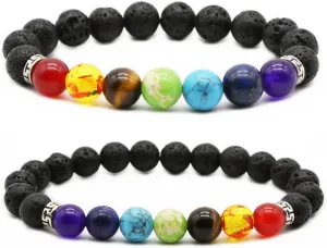 2pcs 10mm 8mm Lava Rock 7 Chakra Bracelet Aromatherapy Essential Oil Diffuser Bracelets Couples Yoga Beads Bracelet Lava Stone Stretch Bracelet for Men Women